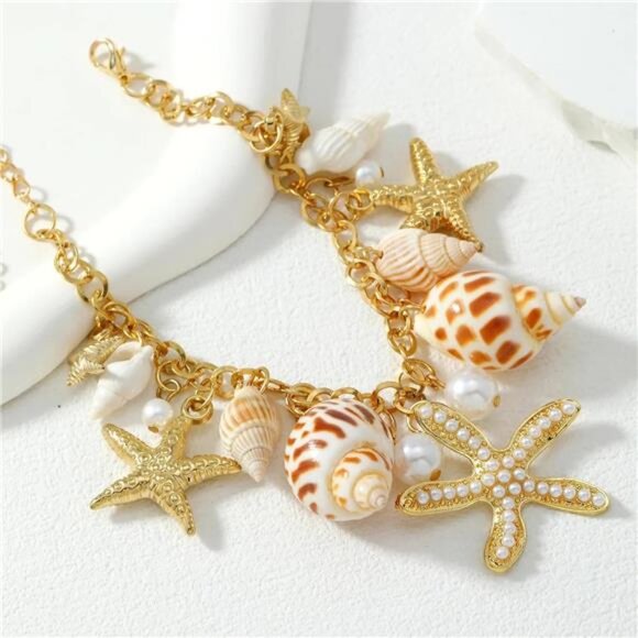 Shell Ankle Bracelet Set for Women, Gold Boho Bead Adjustable Anklet, Hawaiian - Picture 6 of 7